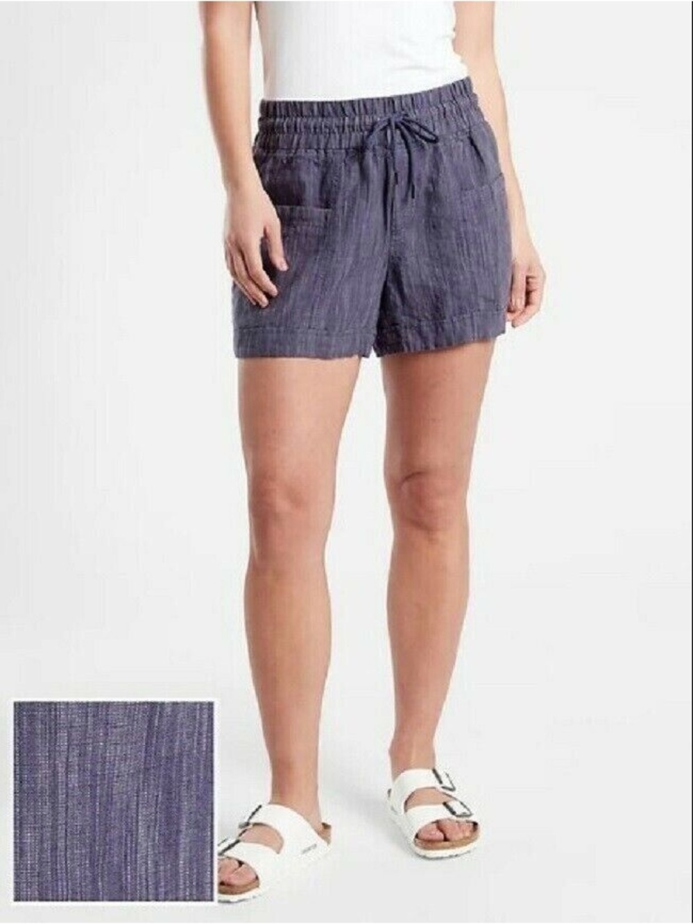 Athleta Cabo Striped Linen Textured Shorts Size 8 Navy Blue
